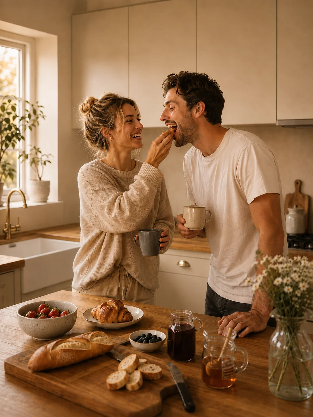 Happy couple enjoying breakfast together at home