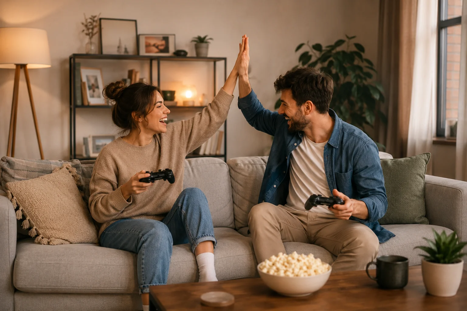 A man and a woman playing video games together at home