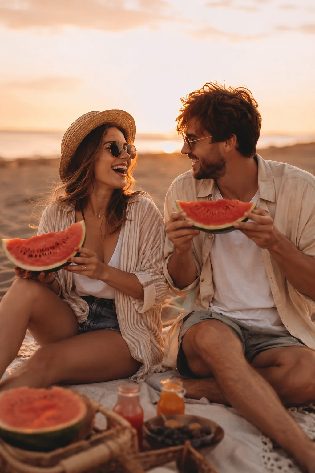 A man and a woman enjoying watermelon together on the beach