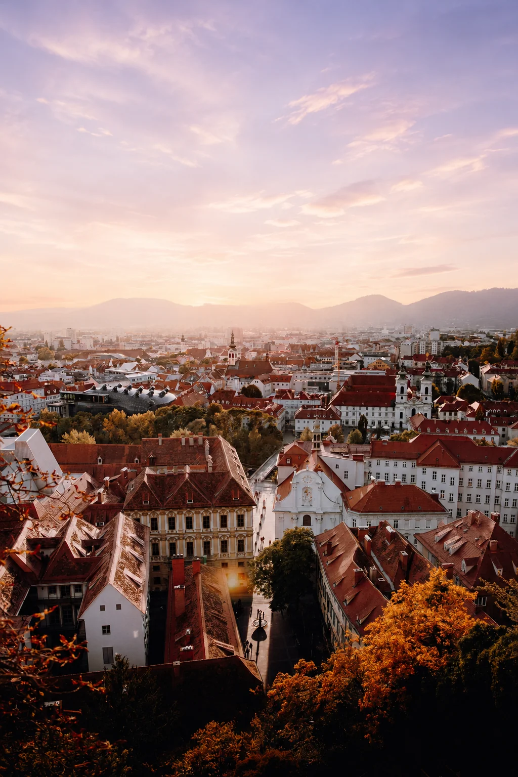 Panoramic view of Graz, Austria at sunset