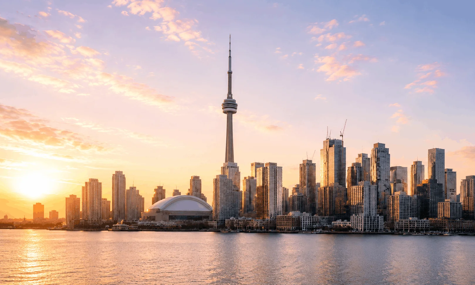 Toronto skyline with the CN Tower at sunset, Canada