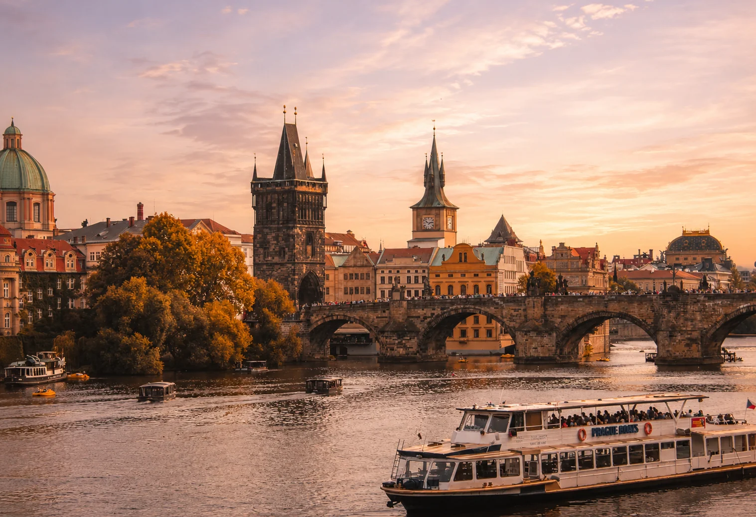 Charles Bridge and Prague skyline at sunset, Czech Republic