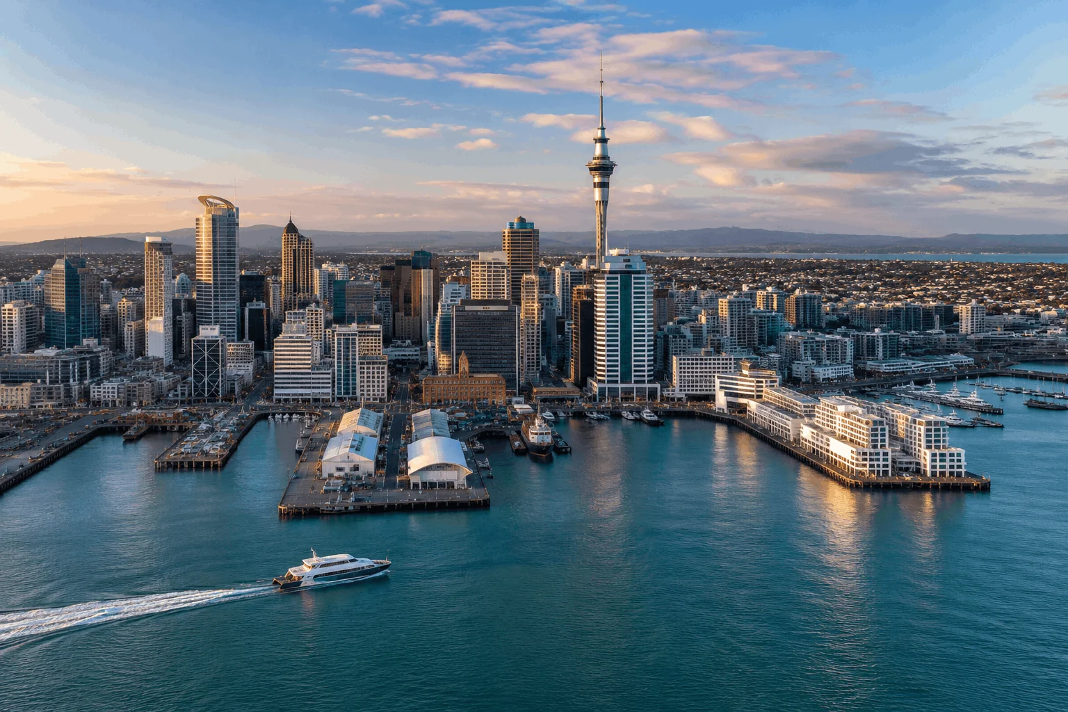 Auckland skyline and Sky Tower at sunset, New Zealand