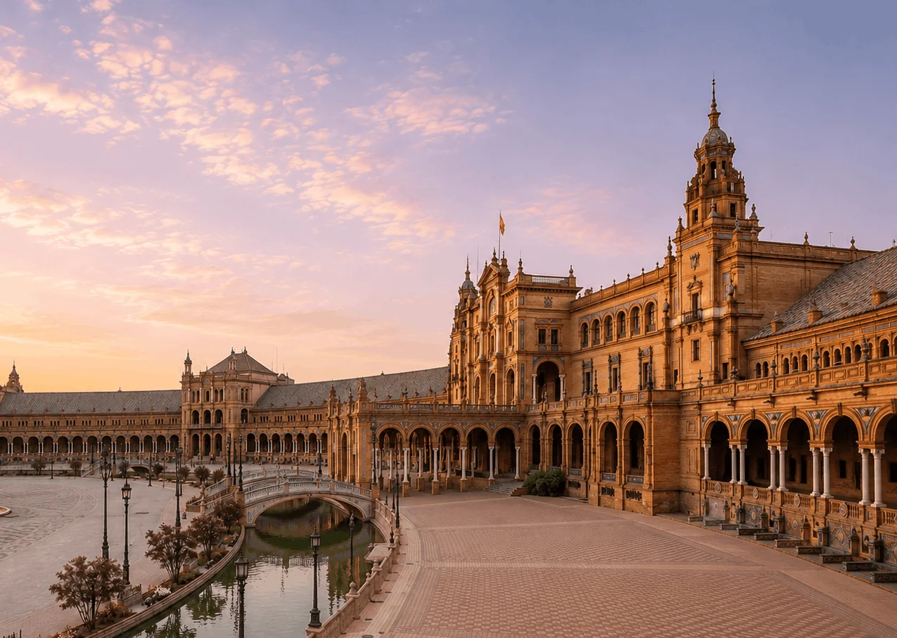 Plaza de España at sunset in Seville, Spain