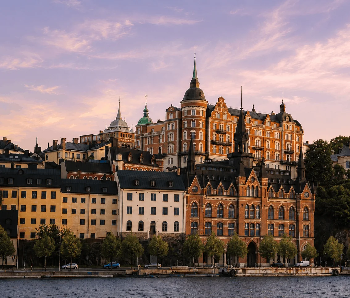 Historic buildings along the waterfront in Stockholm, Sweden