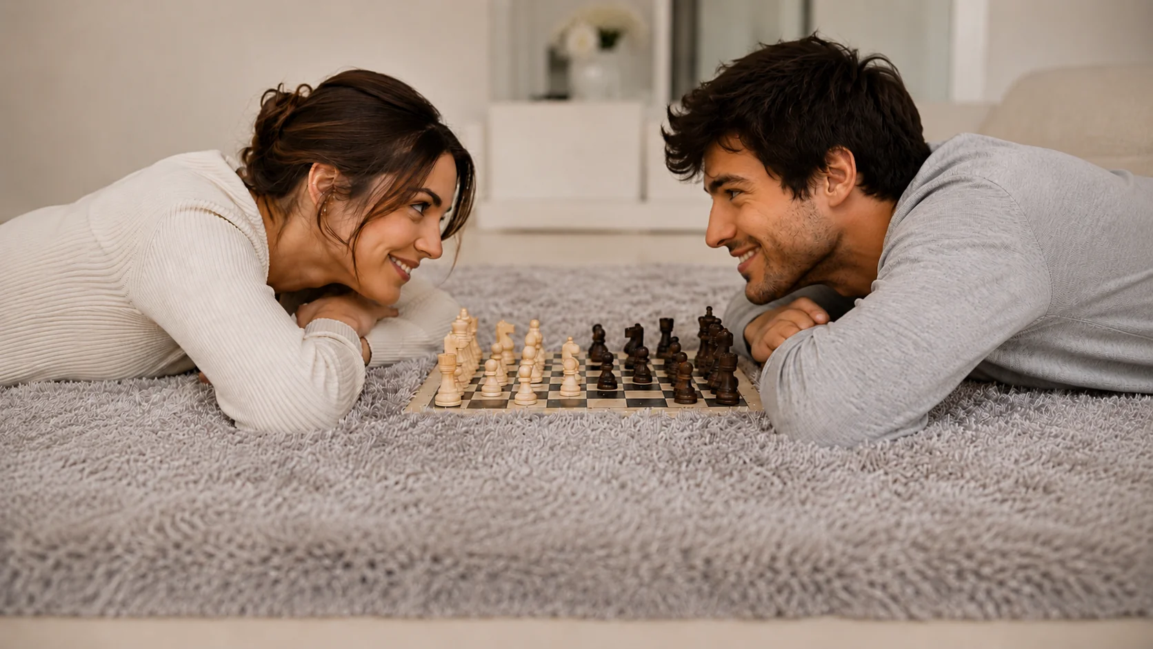 A man and a woman playing chess in the living room