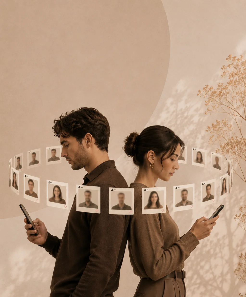 Man and woman standing back to back while browsing matchmaking profiles on their phones