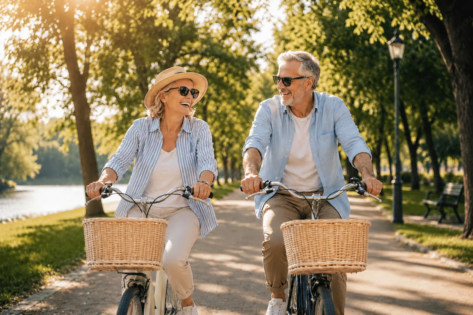 A senior couple riding bikes in the park