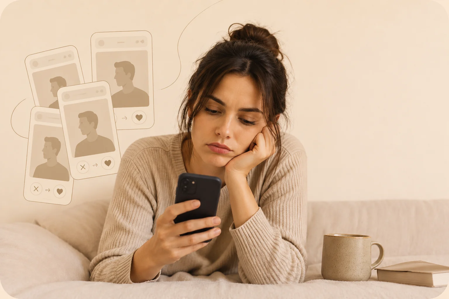 Woman feeling exhausted by endless dating app swiping